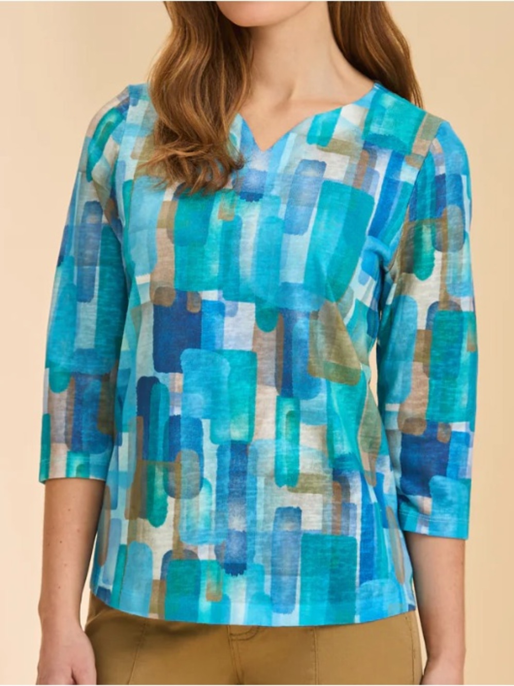 New Notch Neck Teal & Aqua Abstract Print 3/4 Sleeve Top